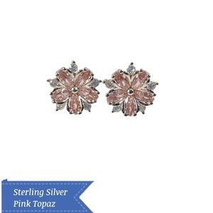 Sterling Silver Flower Pink Topaz Cz Stud Earrings